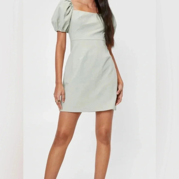 nasty gal sage green puff sleeve linen look mini dress - Picture 1 of 12